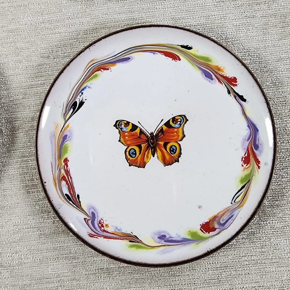 Vintage Brass and Enamel Butterfly Coaster Set Of 6 Cottagecore Boho Decor